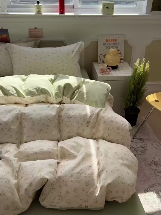 91家纺网 家纺一手货源 找家纺 梦莱斯 2026新款A类古法水洗仿棉云感纱四件套 叶初开