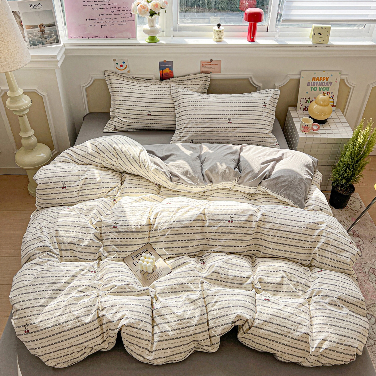 91家纺网 家纺一手货源 找家纺 梦莱斯 2026新款A类古法水洗仿棉云感纱四件套 樱之桃桃