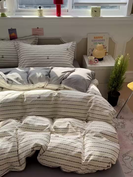 91家纺网 家纺一手货源 找家纺 梦莱斯 2026新款A类古法水洗仿棉云感纱四件套 樱之桃桃