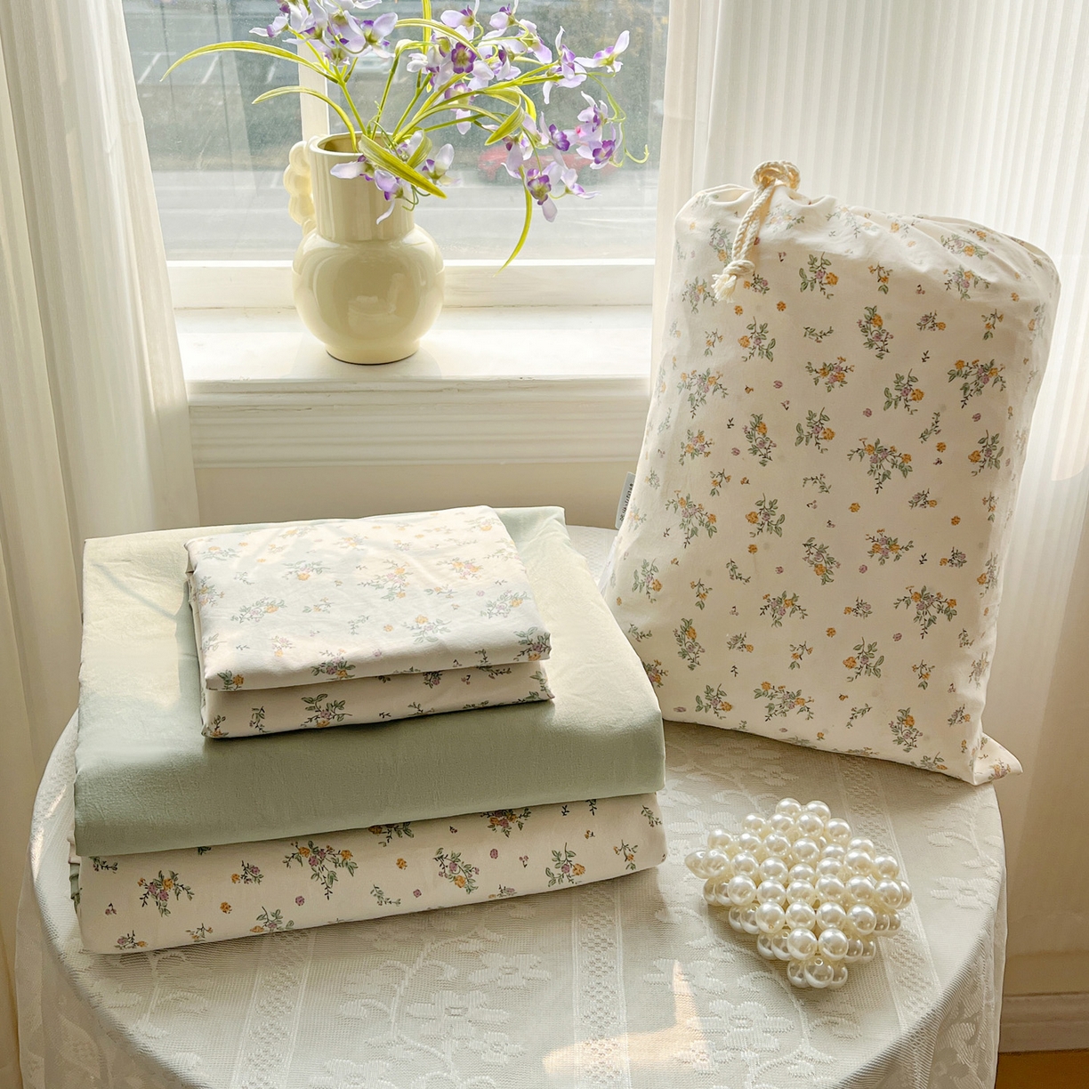 梦莱斯 2026新款A类古法水洗仿棉云感纱四件套 屿花