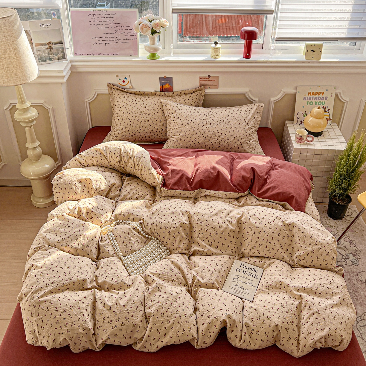 91家纺网 家纺一手货源 找家纺 梦莱斯 2026新款A类古法水洗仿棉云感纱四件套 枝花间