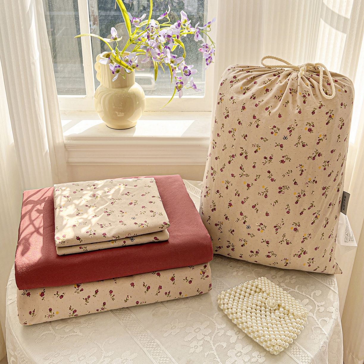 梦莱斯 2026新款A类古法水洗仿棉云感纱四件套 枝花间