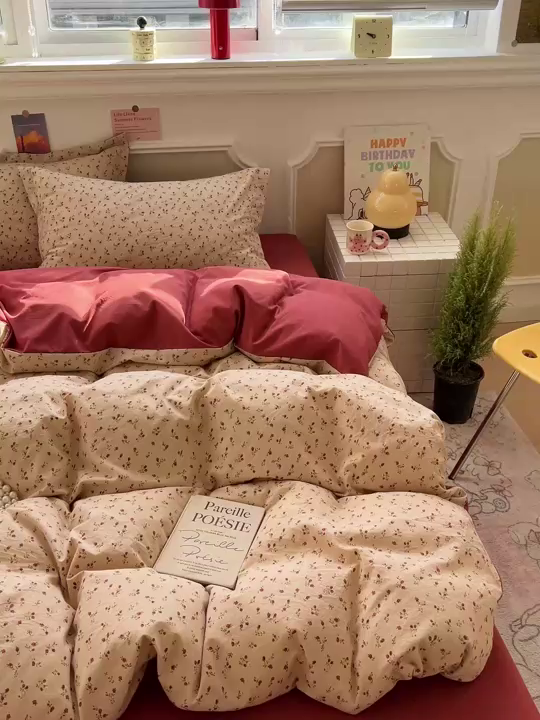 91家纺网 家纺一手货源 找家纺 梦莱斯 2026新款A类古法水洗仿棉云感纱四件套 枝花间