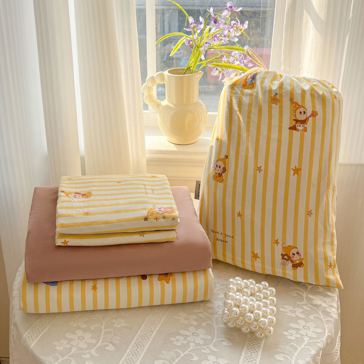 91家纺网 家纺一手货源 找家纺 梦莱斯 2026新款A类古法水洗仿棉云感纱四件套 甜心人