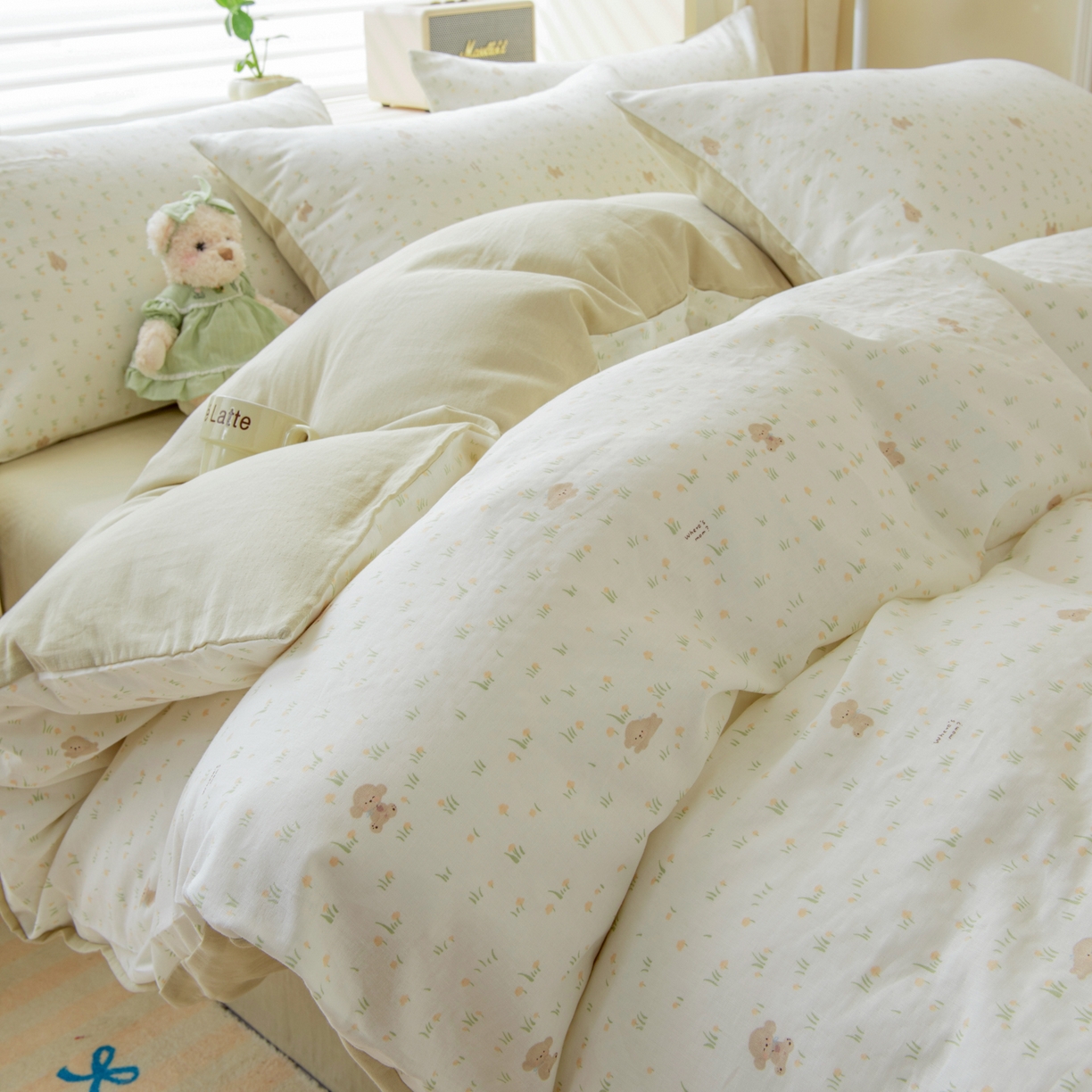 91家纺网 家纺一手货源 找家纺 雯雨家纺 2026新款A类全棉有氧双层纱单被套 田园小熊