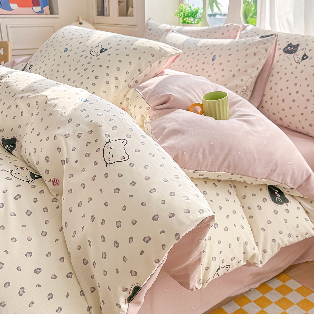 91家纺网 家纺一手货源 找家纺 颜选 2026新款全棉印花单被套 粉红顽皮猫