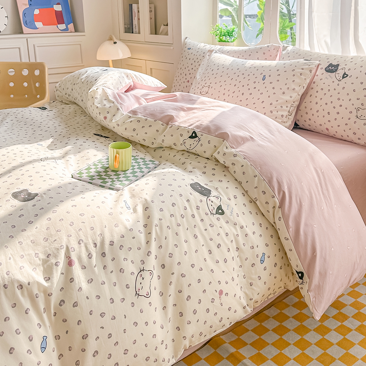 91家纺网 家纺一手货源 找家纺 颜选 2026新款全棉印花单被套 粉红顽皮猫
