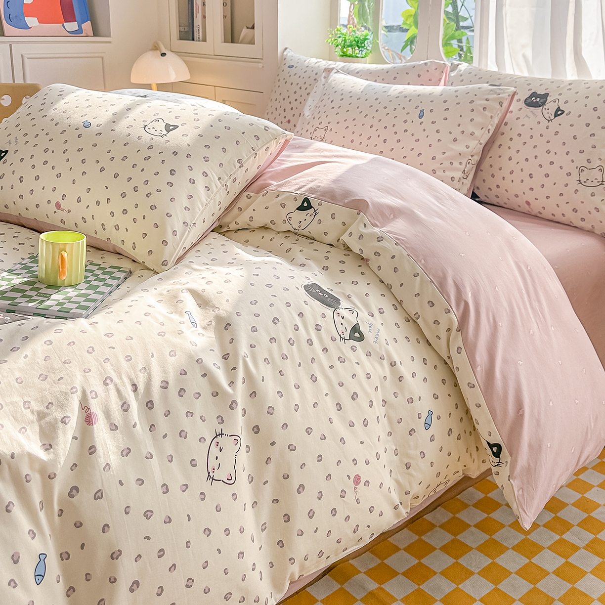 91家纺网 家纺一手货源 找家纺 颜选 2026新款全棉印花单被套 粉红顽皮猫