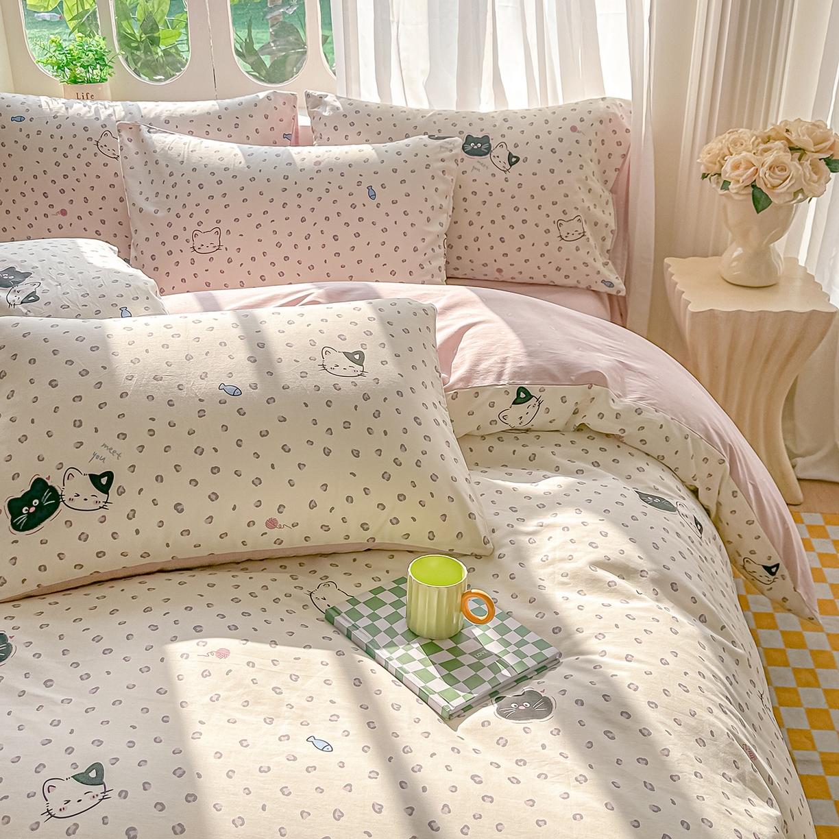 91家纺网 家纺一手货源 找家纺 颜选 2026新款全棉印花单被套 粉红顽皮猫