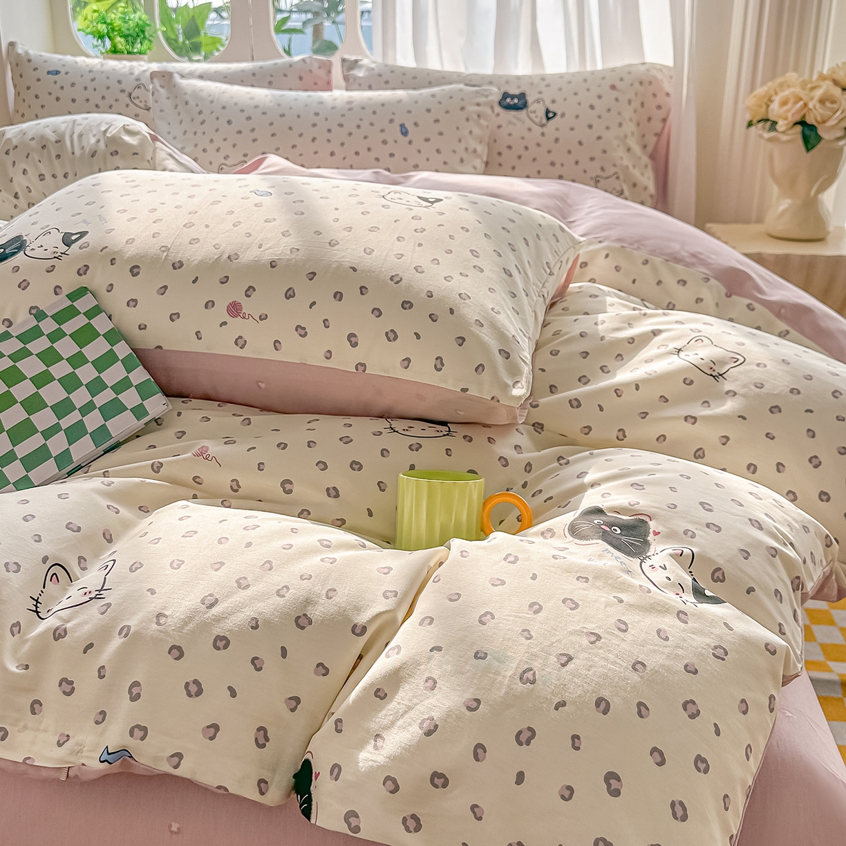 91家纺网 家纺一手货源 找家纺 颜选 2026新款全棉印花单被套 粉红顽皮猫