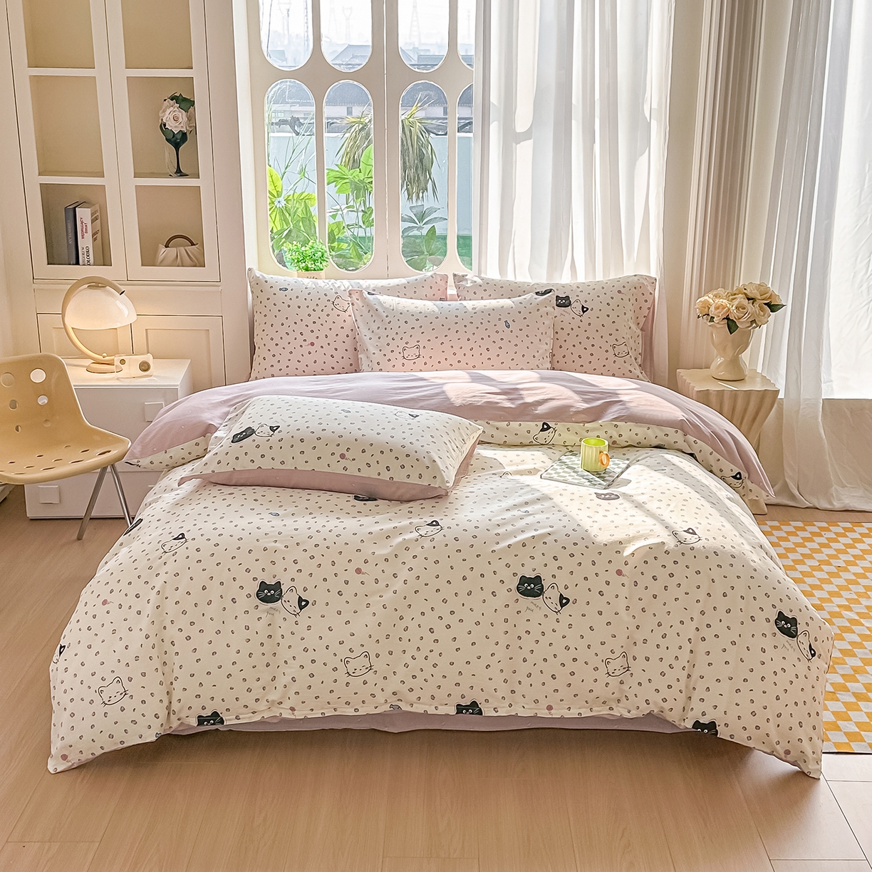 91家纺网 家纺一手货源 找家纺 颜选 2026新款全棉印花单被套 粉红顽皮猫