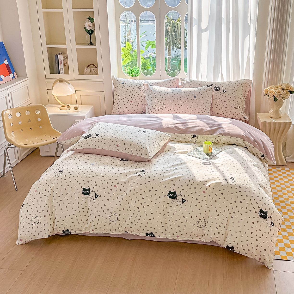 91家纺网 家纺一手货源 找家纺 颜选 2026新款全棉印花单被套 粉红顽皮猫