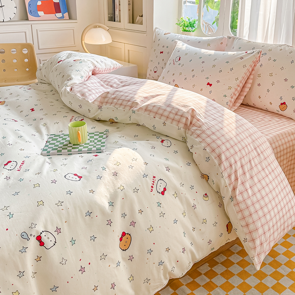 91家纺网 家纺一手货源 找家纺 颜选 2026新款全棉印花单被套 星星凯蒂猫