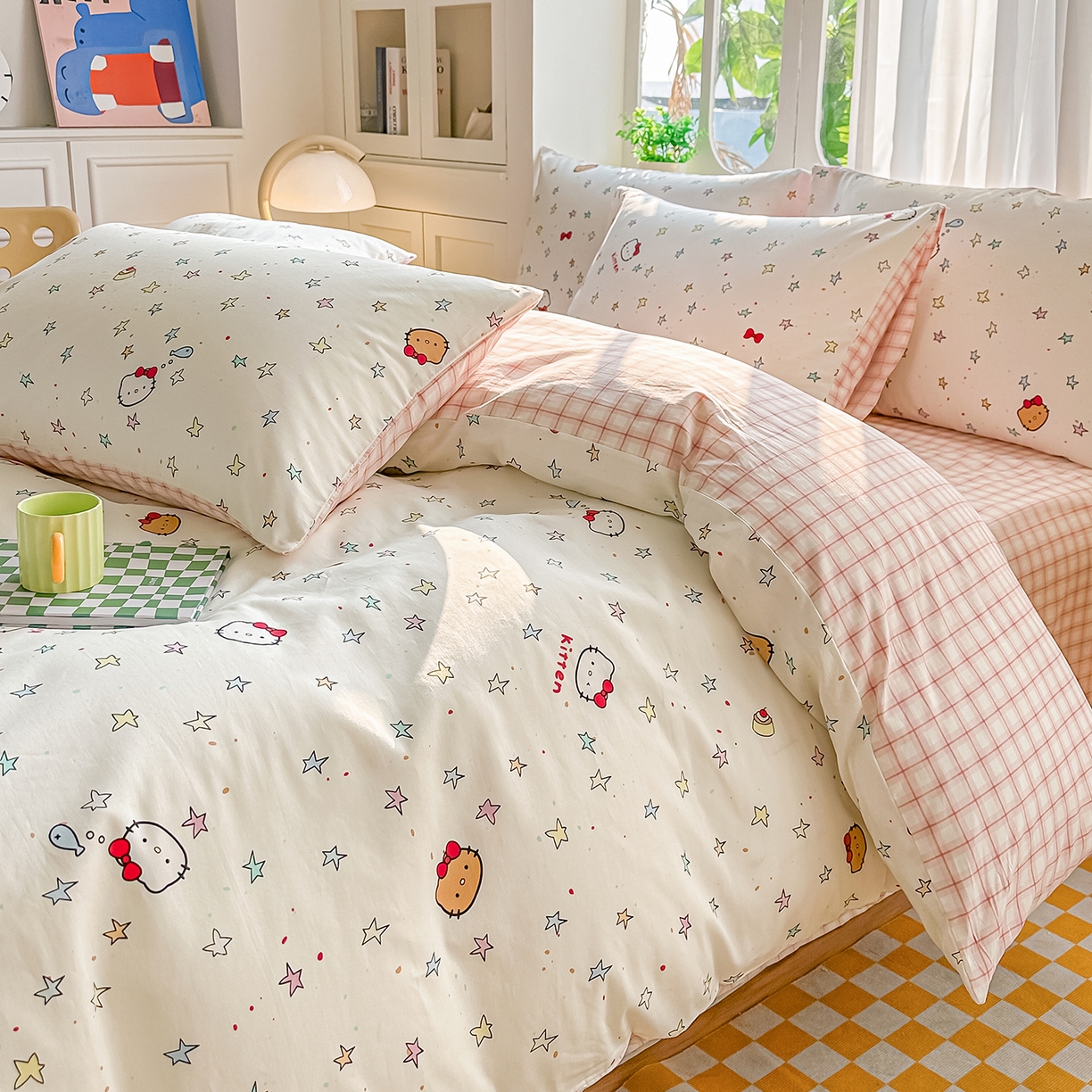 91家纺网 家纺一手货源 找家纺 颜选 2026新款全棉印花单被套 星星凯蒂猫