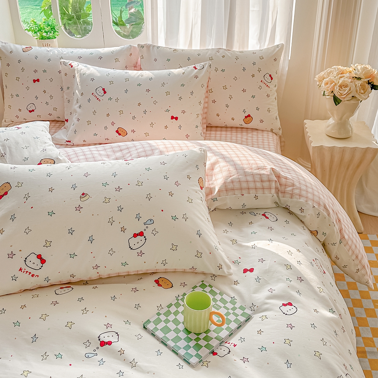 91家纺网 家纺一手货源 找家纺 颜选 2026新款全棉印花单被套 星星凯蒂猫