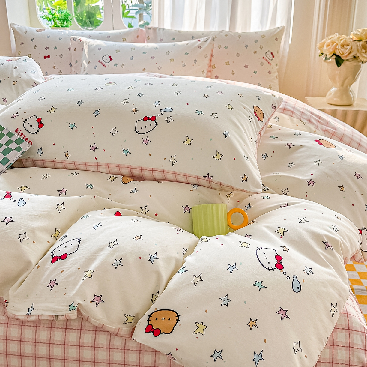 91家纺网 家纺一手货源 找家纺 颜选 2026新款全棉印花单被套 星星凯蒂猫