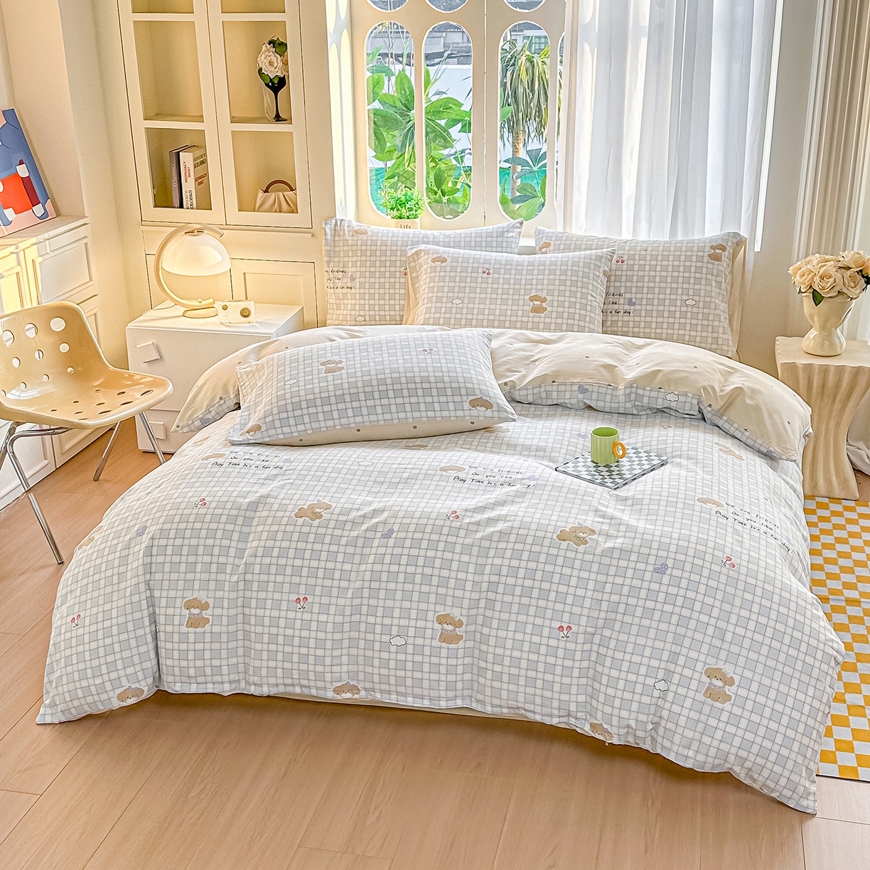 91家纺网 家纺一手货源 找家纺 颜选 2026新款全棉印花单被套 休闲格小狗