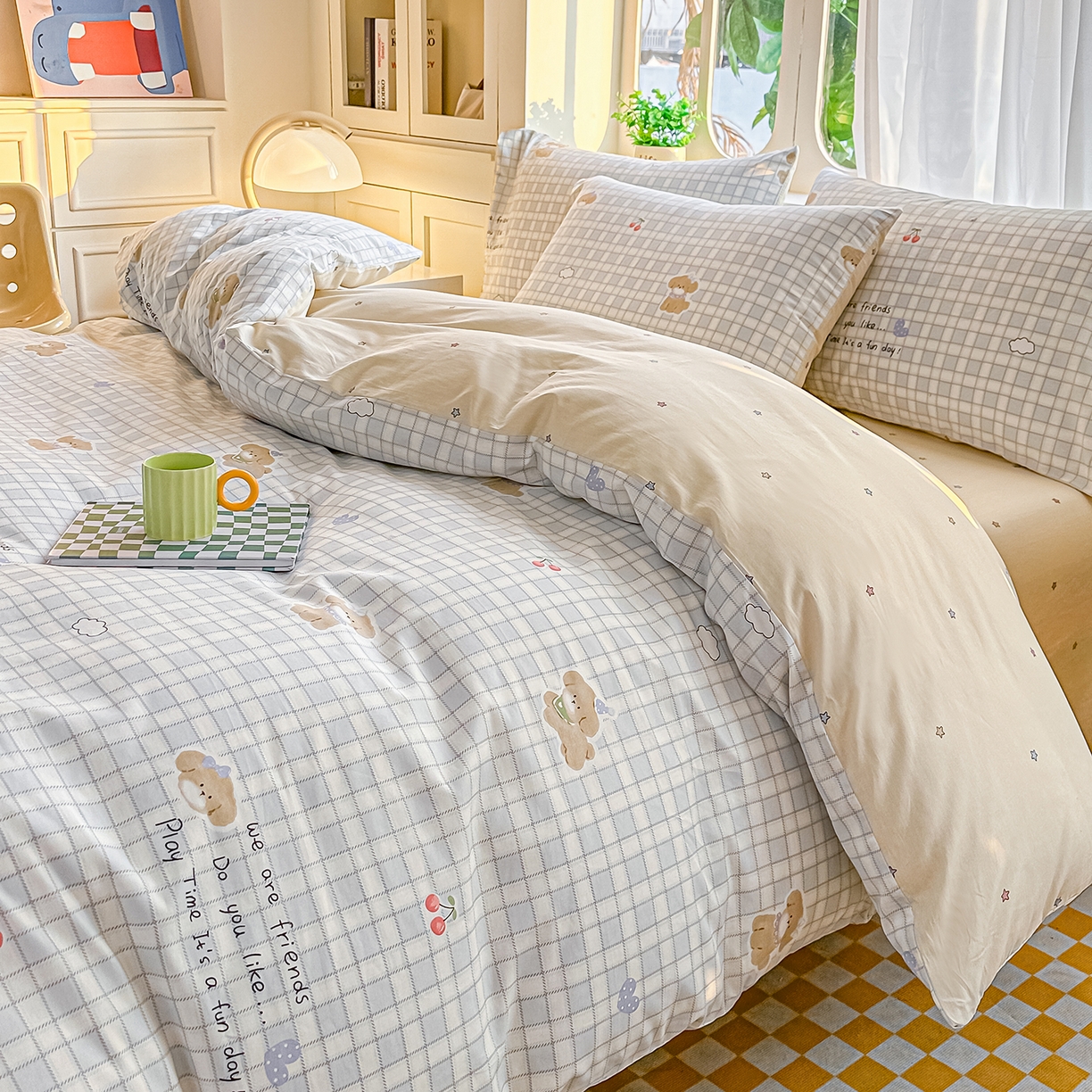 91家纺网 家纺一手货源 找家纺 颜选 2026新款全棉印花单被套 休闲格小狗