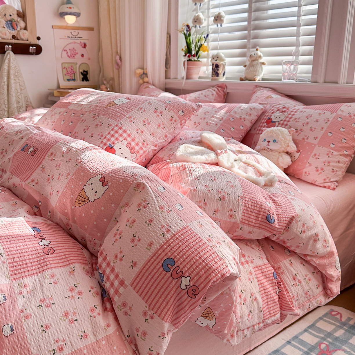 91家纺网 家纺一手货源 找家纺 卡斯诺家纺馆 2026新款皱皱棉双层纱四件套（下载文件包含买家秀） 花间喵语