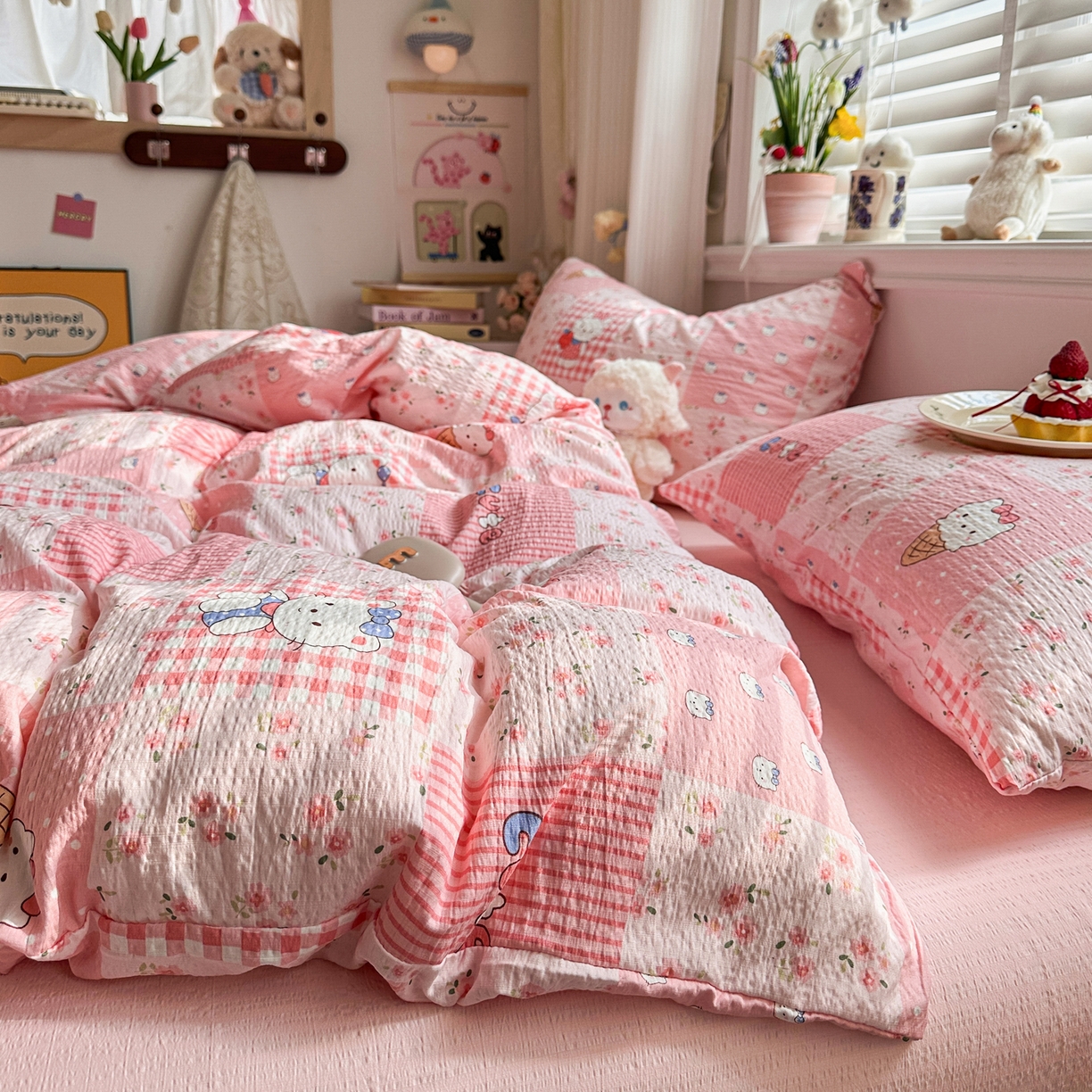 91家纺网 家纺一手货源 找家纺 卡斯诺家纺馆 2026新款皱皱棉双层纱四件套（下载文件包含买家秀） 花间喵语