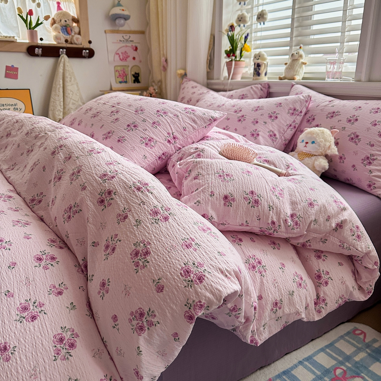 91家纺网 家纺一手货源 找家纺 卡斯诺家纺馆 2026新款皱皱棉双层纱四件套（下载文件包含买家秀） 午后甜梦