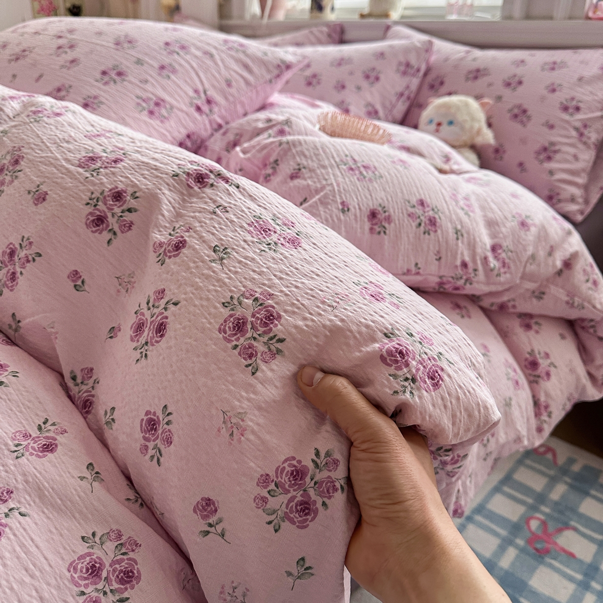 91家纺网 家纺一手货源 找家纺 卡斯诺家纺馆 2026新款皱皱棉双层纱四件套（下载文件包含买家秀） 午后甜梦