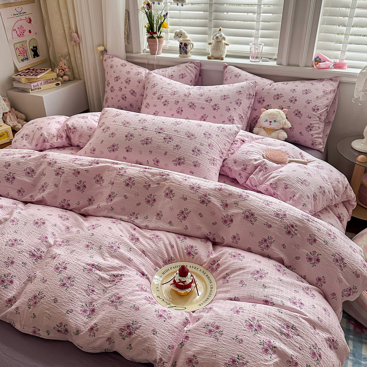 91家纺网 家纺一手货源 找家纺 卡斯诺家纺馆 2026新款皱皱棉双层纱四件套（下载文件包含买家秀） 午后甜梦