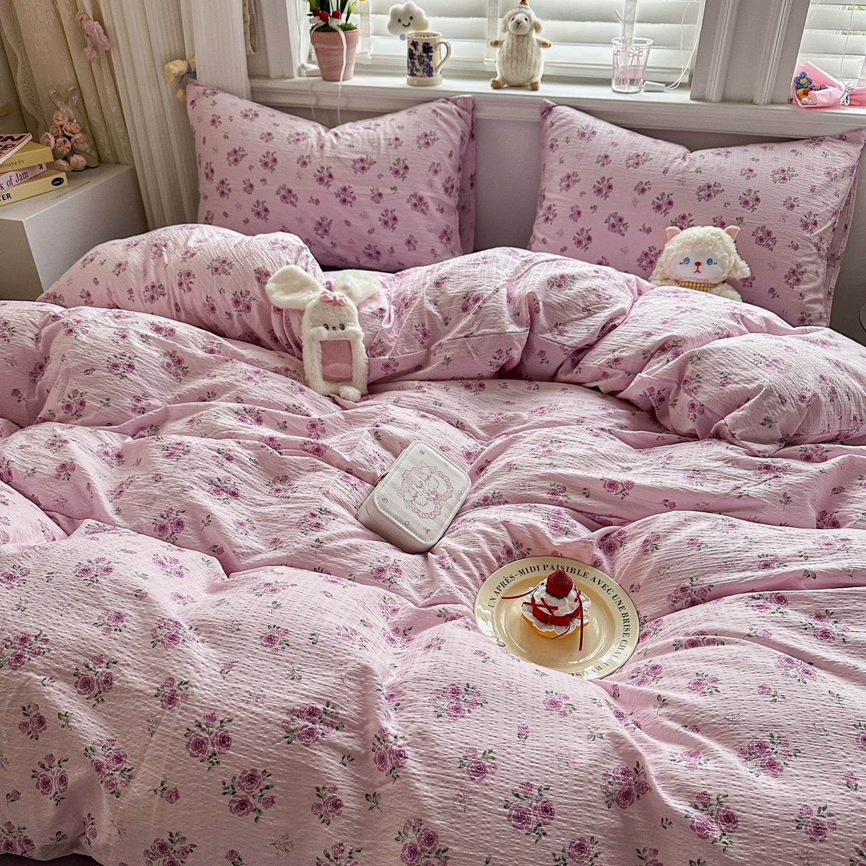 91家纺网 家纺一手货源 找家纺 卡斯诺家纺馆 2026新款皱皱棉双层纱四件套（下载文件包含买家秀） 午后甜梦