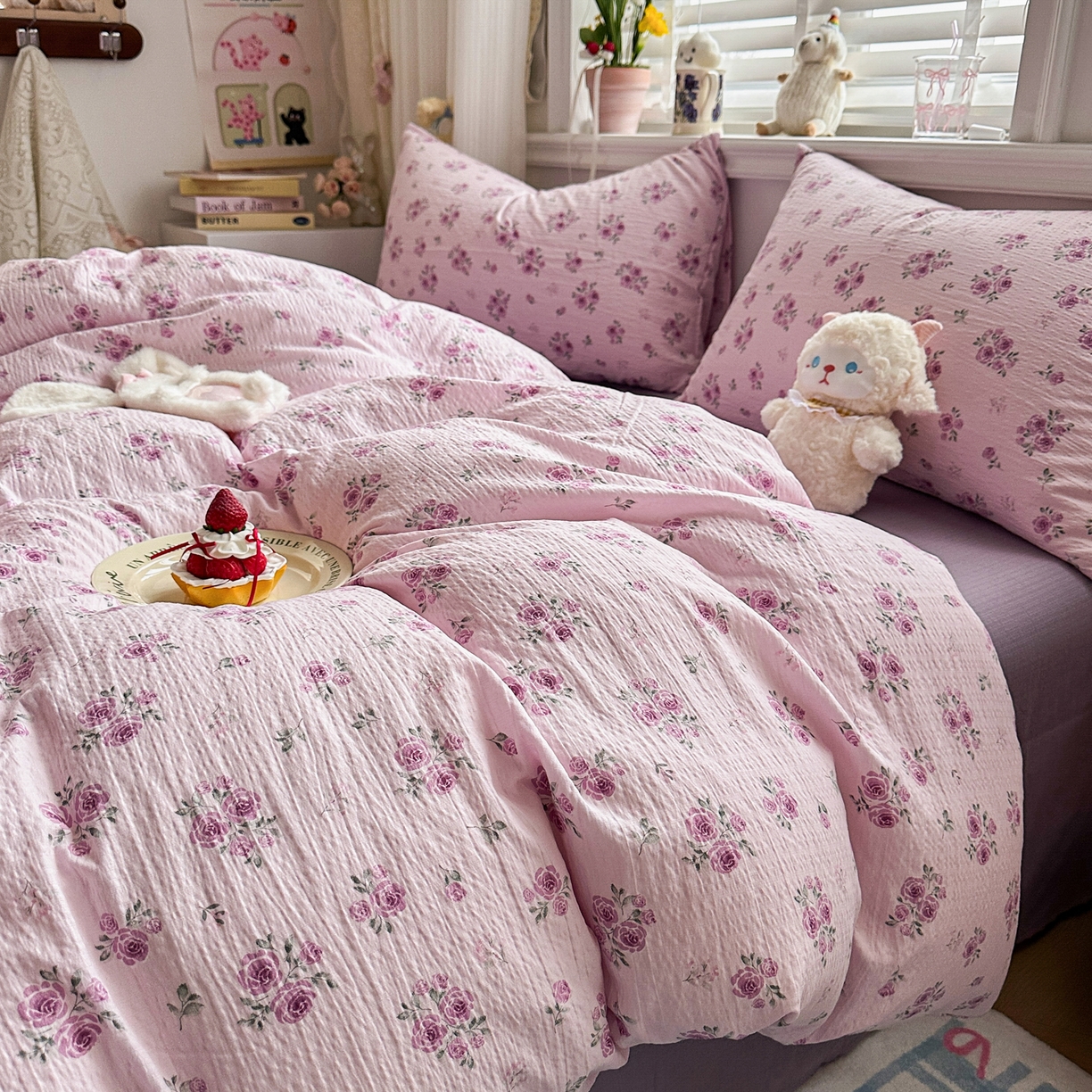 91家纺网 家纺一手货源 找家纺 卡斯诺家纺馆 2026新款皱皱棉双层纱四件套（下载文件包含买家秀） 午后甜梦