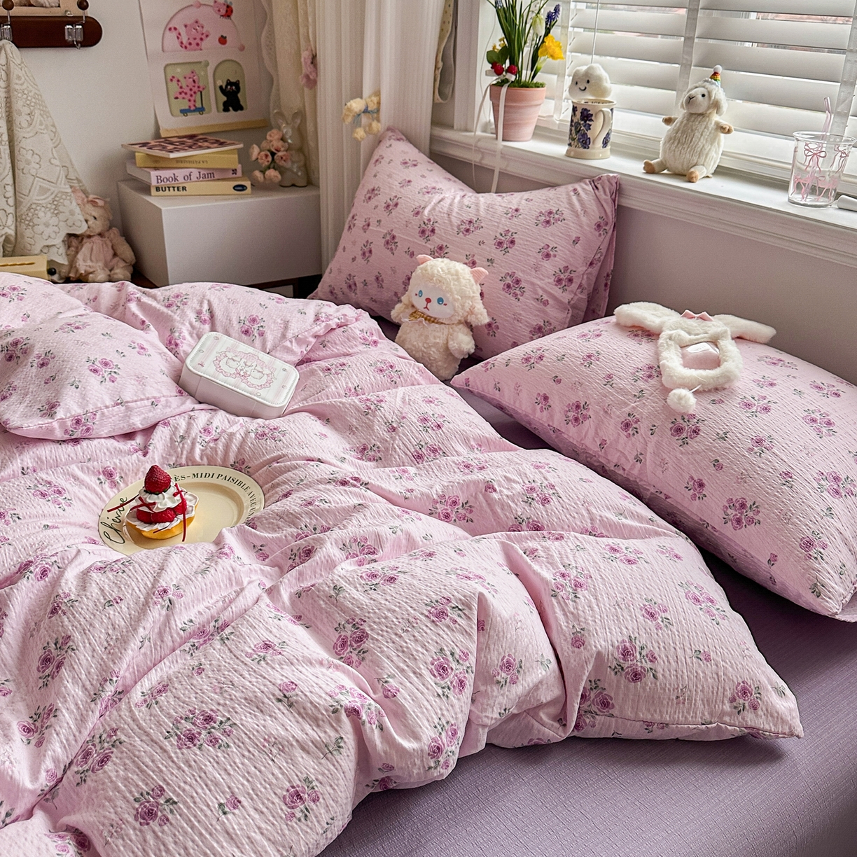 91家纺网 家纺一手货源 找家纺 卡斯诺家纺馆 2026新款皱皱棉双层纱四件套（下载文件包含买家秀） 午后甜梦