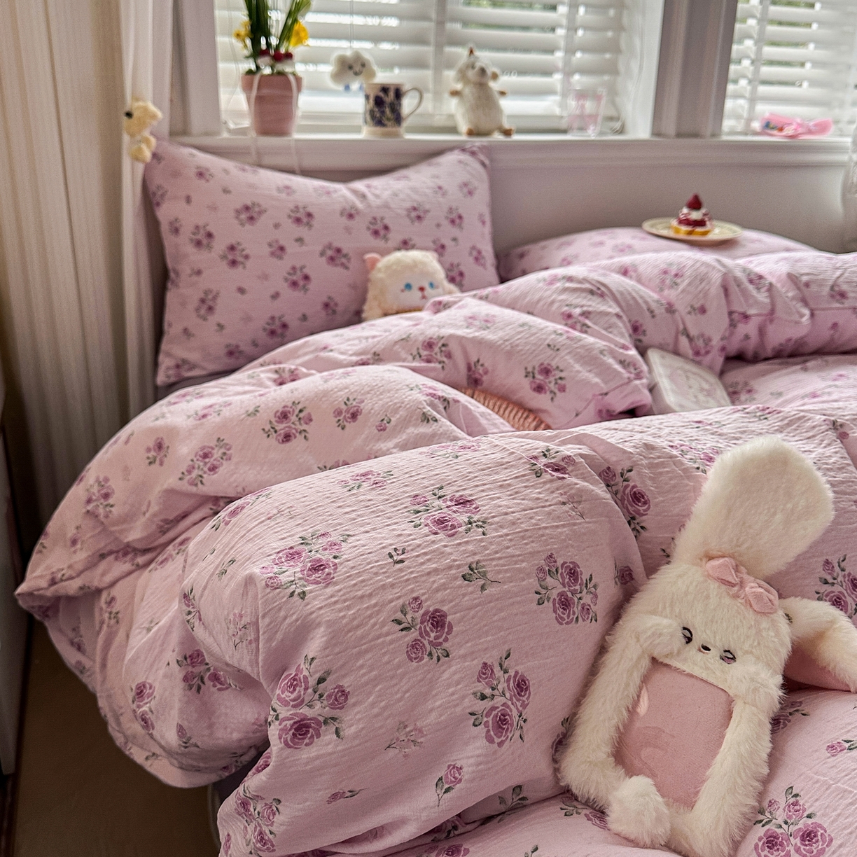 91家纺网 家纺一手货源 找家纺 卡斯诺家纺馆 2026新款皱皱棉双层纱四件套（下载文件包含买家秀） 午后甜梦