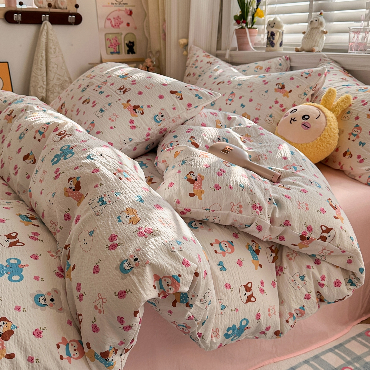 91家纺网 家纺一手货源 找家纺 卡斯诺家纺馆 2026新款皱皱棉双层纱四件套（下载文件包含买家秀） 萌趣花梦