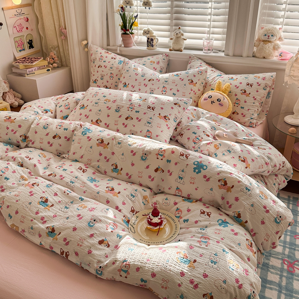 91家纺网 家纺一手货源 找家纺 卡斯诺家纺馆 2026新款皱皱棉双层纱四件套（下载文件包含买家秀） 萌趣花梦