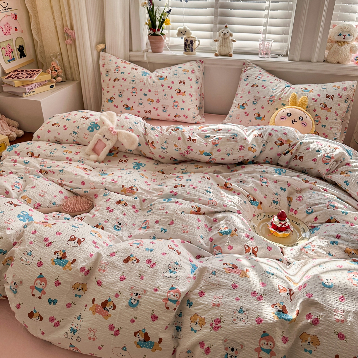 91家纺网 家纺一手货源 找家纺 卡斯诺家纺馆 2026新款皱皱棉双层纱四件套（下载文件包含买家秀） 萌趣花梦