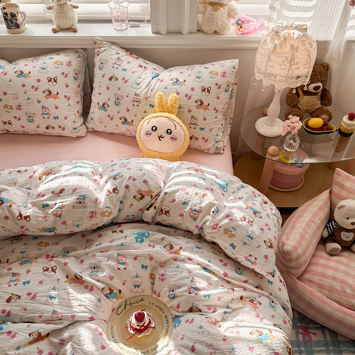 91家纺网 家纺一手货源 找家纺 卡斯诺家纺馆 2026新款皱皱棉双层纱四件套（下载文件包含买家秀） 萌趣花梦