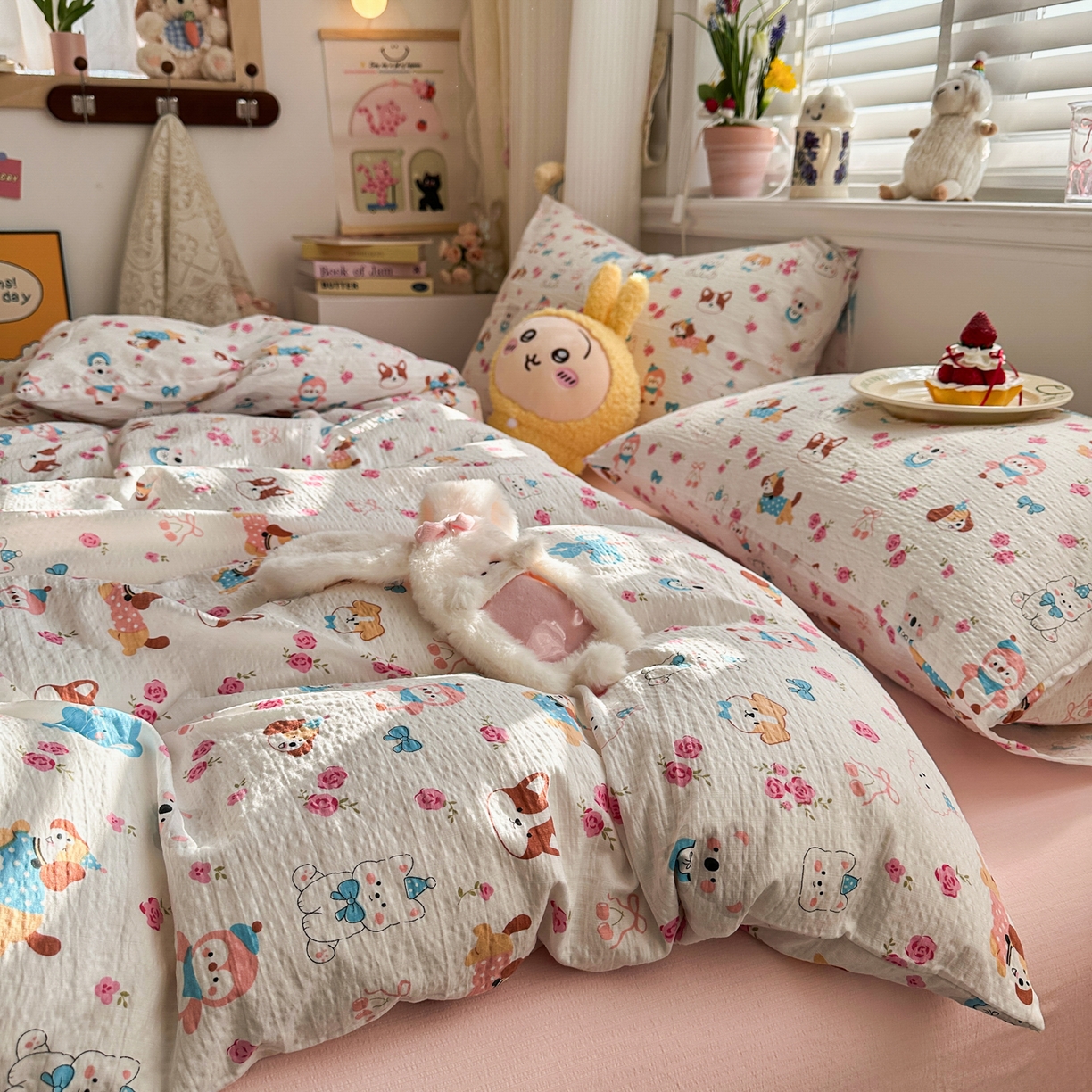 91家纺网 家纺一手货源 找家纺 卡斯诺家纺馆 2026新款皱皱棉双层纱四件套（下载文件包含买家秀） 萌趣花梦