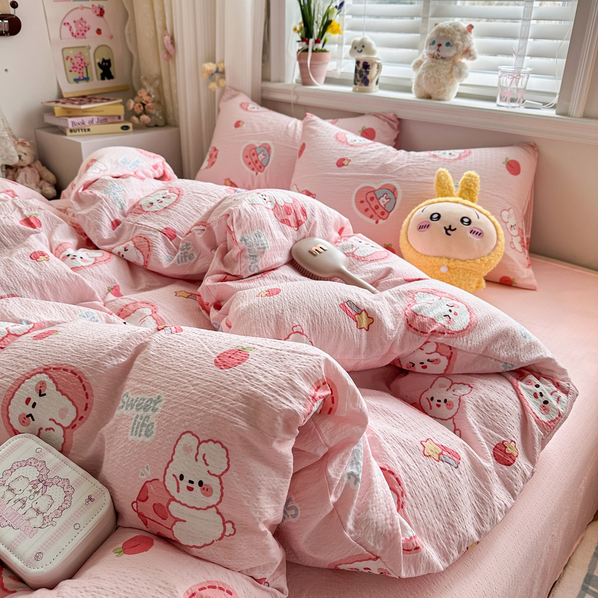 卡斯诺家纺馆 2026新款皱皱棉双层纱四件套（下载文件包含买家秀） 蜜桃粉兔