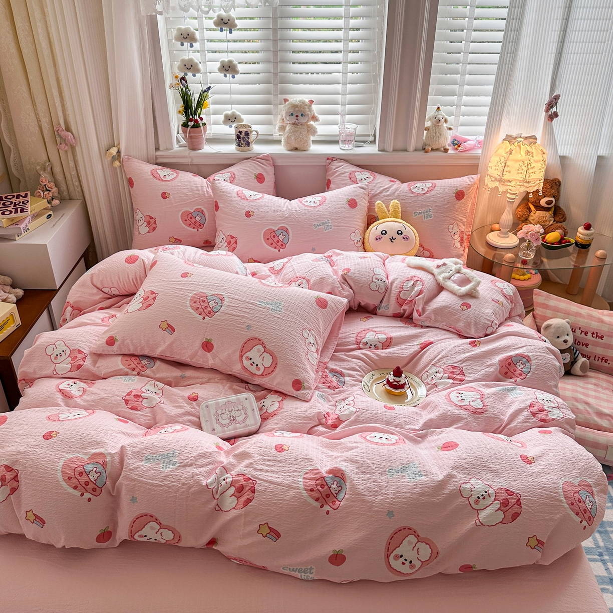 91家纺网 家纺一手货源 找家纺 卡斯诺家纺馆 2026新款皱皱棉双层纱四件套（下载文件包含买家秀） 蜜桃粉兔