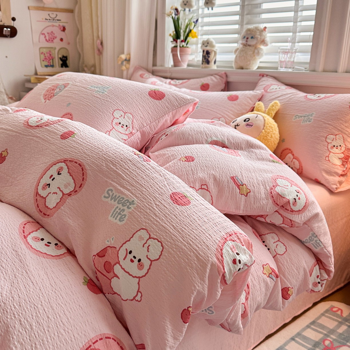 91家纺网 家纺一手货源 找家纺 卡斯诺家纺馆 2026新款皱皱棉双层纱四件套（下载文件包含买家秀） 蜜桃粉兔