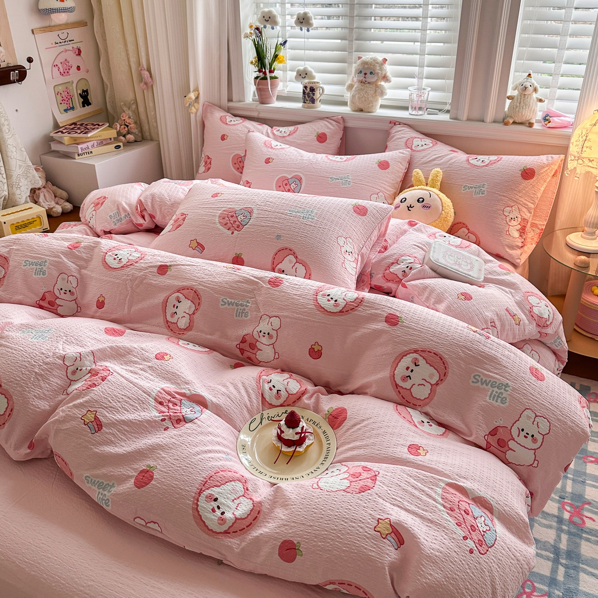 91家纺网 家纺一手货源 找家纺 卡斯诺家纺馆 2026新款皱皱棉双层纱四件套（下载文件包含买家秀） 蜜桃粉兔