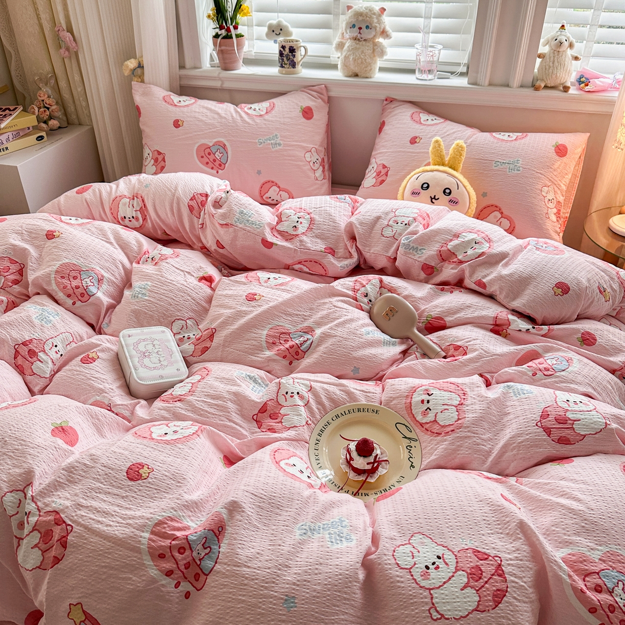 91家纺网 家纺一手货源 找家纺 卡斯诺家纺馆 2026新款皱皱棉双层纱四件套（下载文件包含买家秀） 蜜桃粉兔