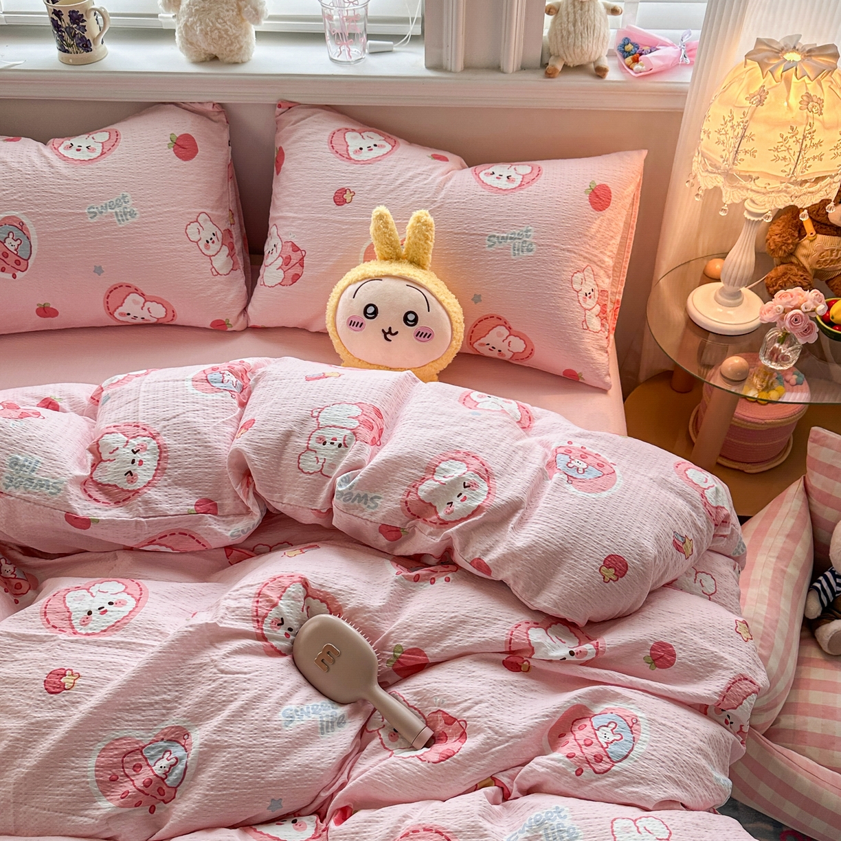 91家纺网 家纺一手货源 找家纺 卡斯诺家纺馆 2026新款皱皱棉双层纱四件套（下载文件包含买家秀） 蜜桃粉兔