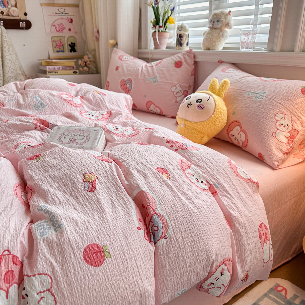 91家纺网 家纺一手货源 找家纺 卡斯诺家纺馆 2026新款皱皱棉双层纱四件套（下载文件包含买家秀） 蜜桃粉兔