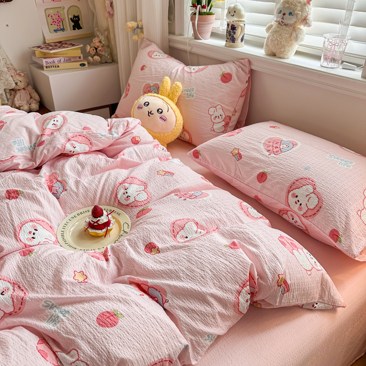 91家纺网 家纺一手货源 找家纺 卡斯诺家纺馆 2026新款皱皱棉双层纱四件套（下载文件包含买家秀） 蜜桃粉兔