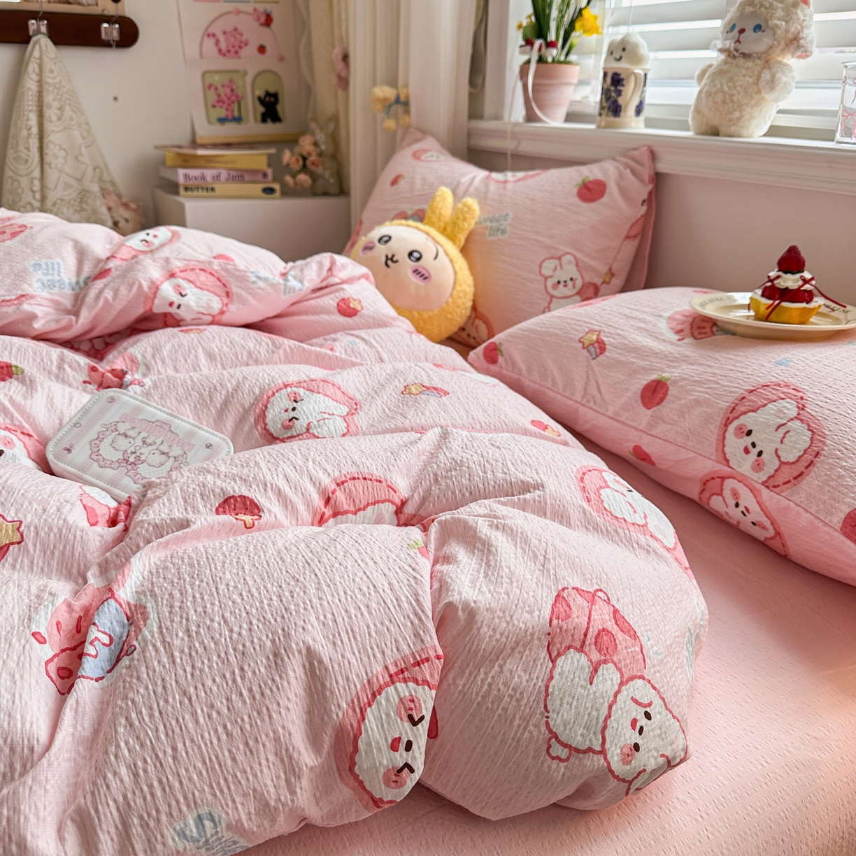 91家纺网 家纺一手货源 找家纺 卡斯诺家纺馆 2026新款皱皱棉双层纱四件套（下载文件包含买家秀） 蜜桃粉兔