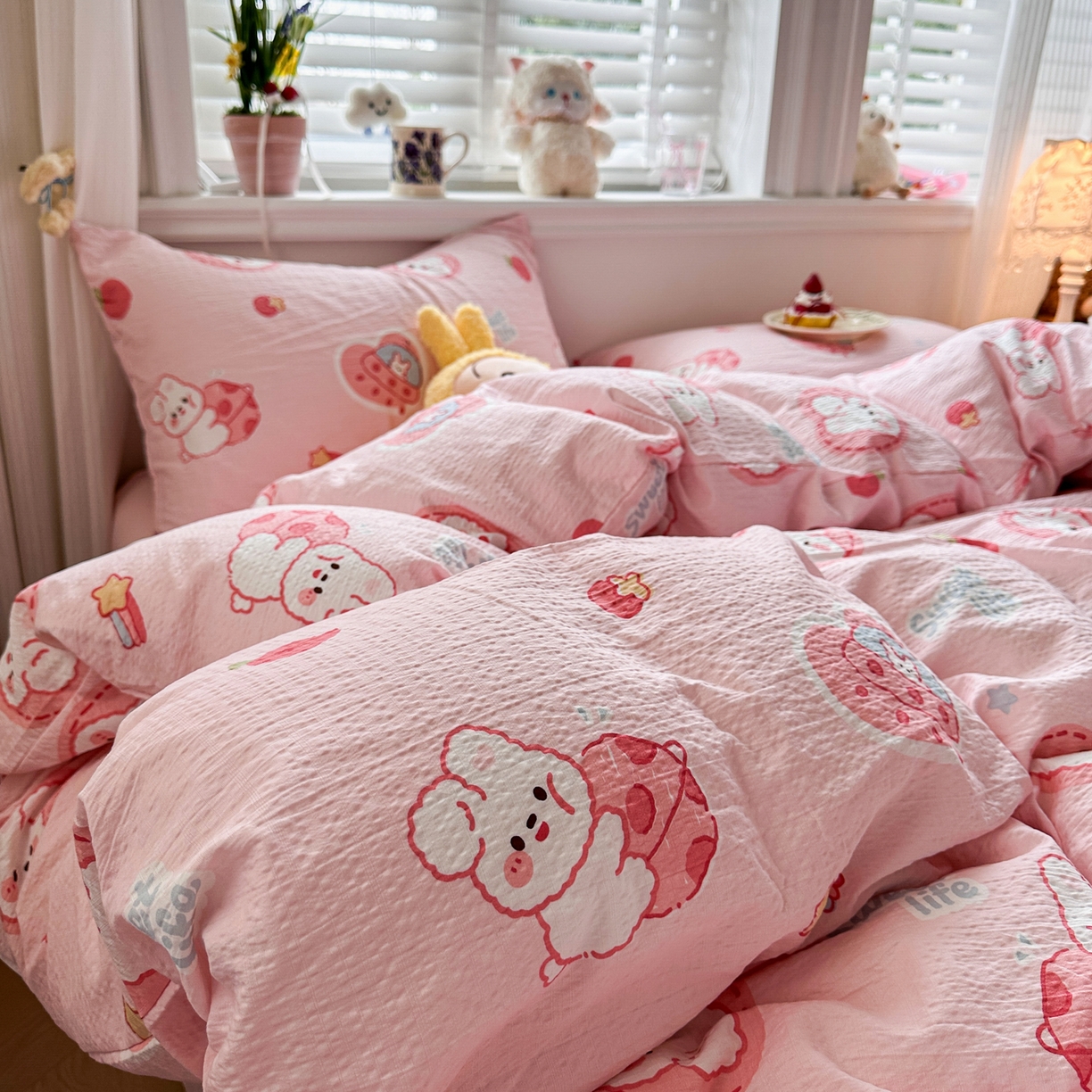 91家纺网 家纺一手货源 找家纺 卡斯诺家纺馆 2026新款皱皱棉双层纱四件套（下载文件包含买家秀） 蜜桃粉兔