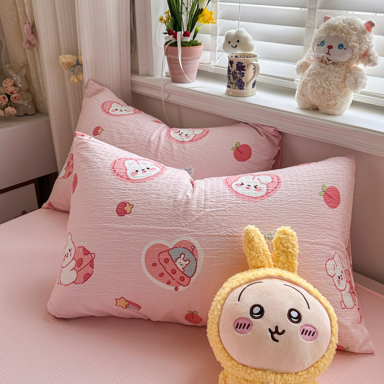 91家纺网 家纺一手货源 找家纺 卡斯诺家纺馆 2026新款皱皱棉双层纱四件套（下载文件包含买家秀） 蜜桃粉兔