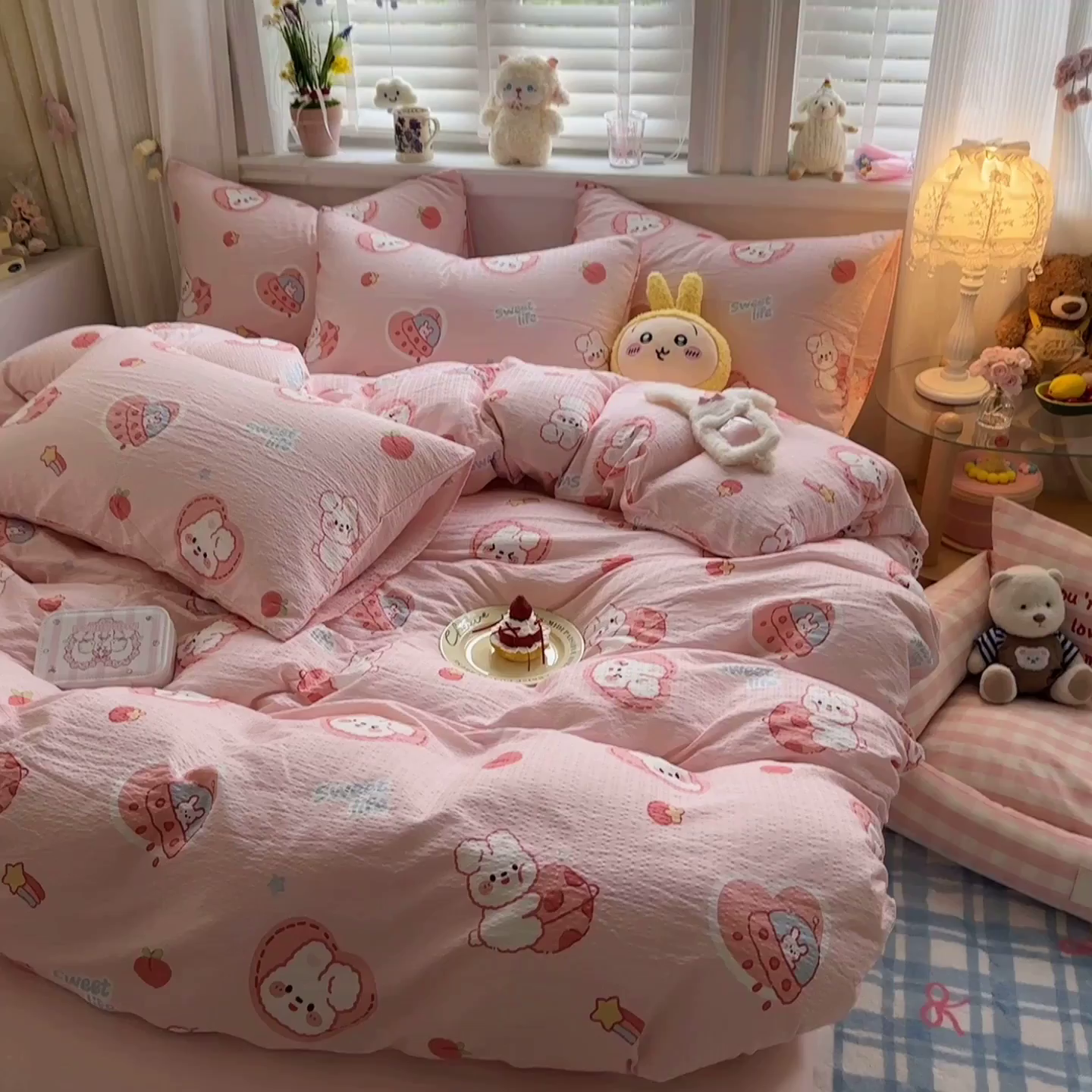 91家纺网 家纺一手货源 找家纺 卡斯诺家纺馆 2026新款皱皱棉双层纱四件套（下载文件包含买家秀） 蜜桃粉兔