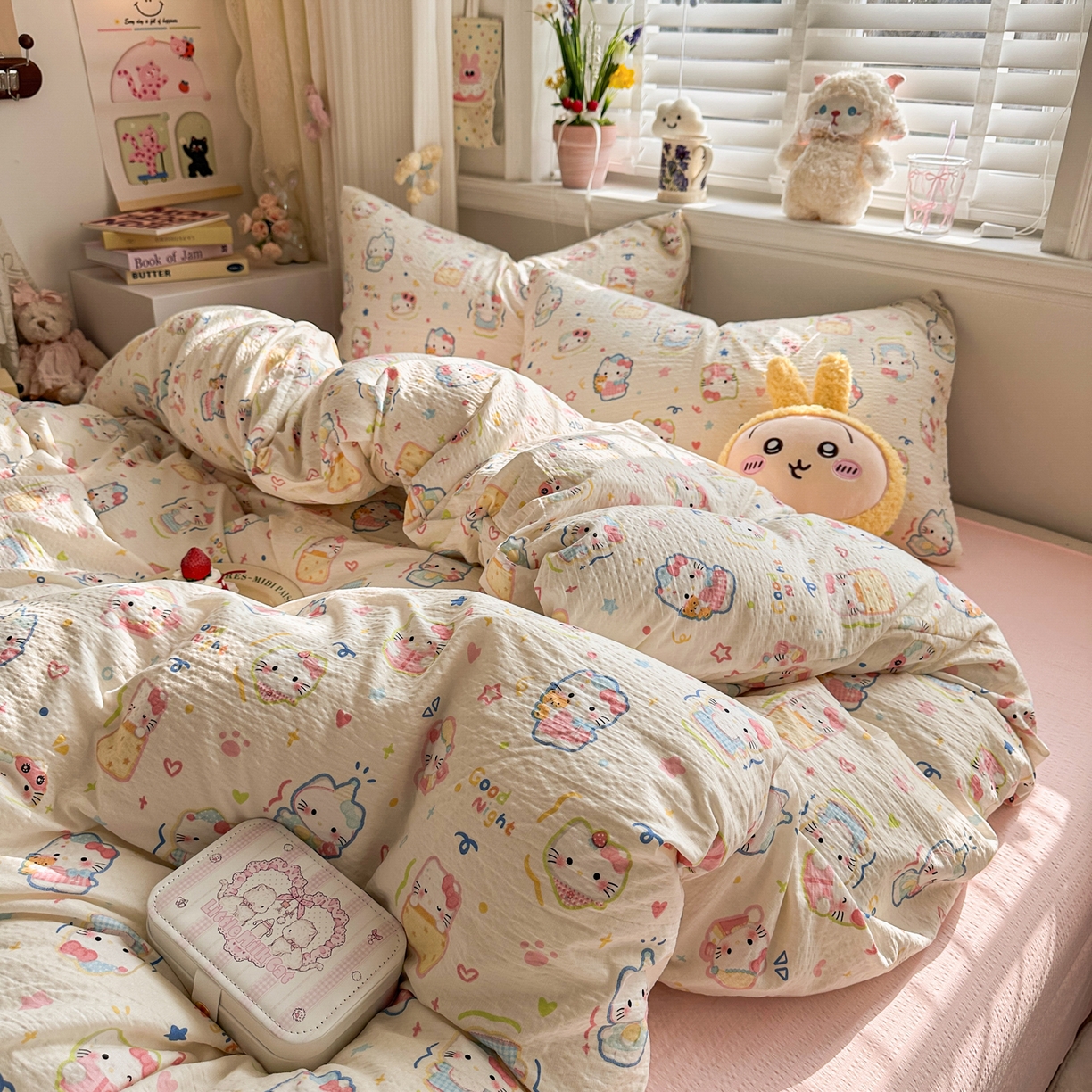 卡斯诺家纺馆 2026新款皱皱棉双层纱四件套（下载文件包含买家秀） 泡芙猫咪