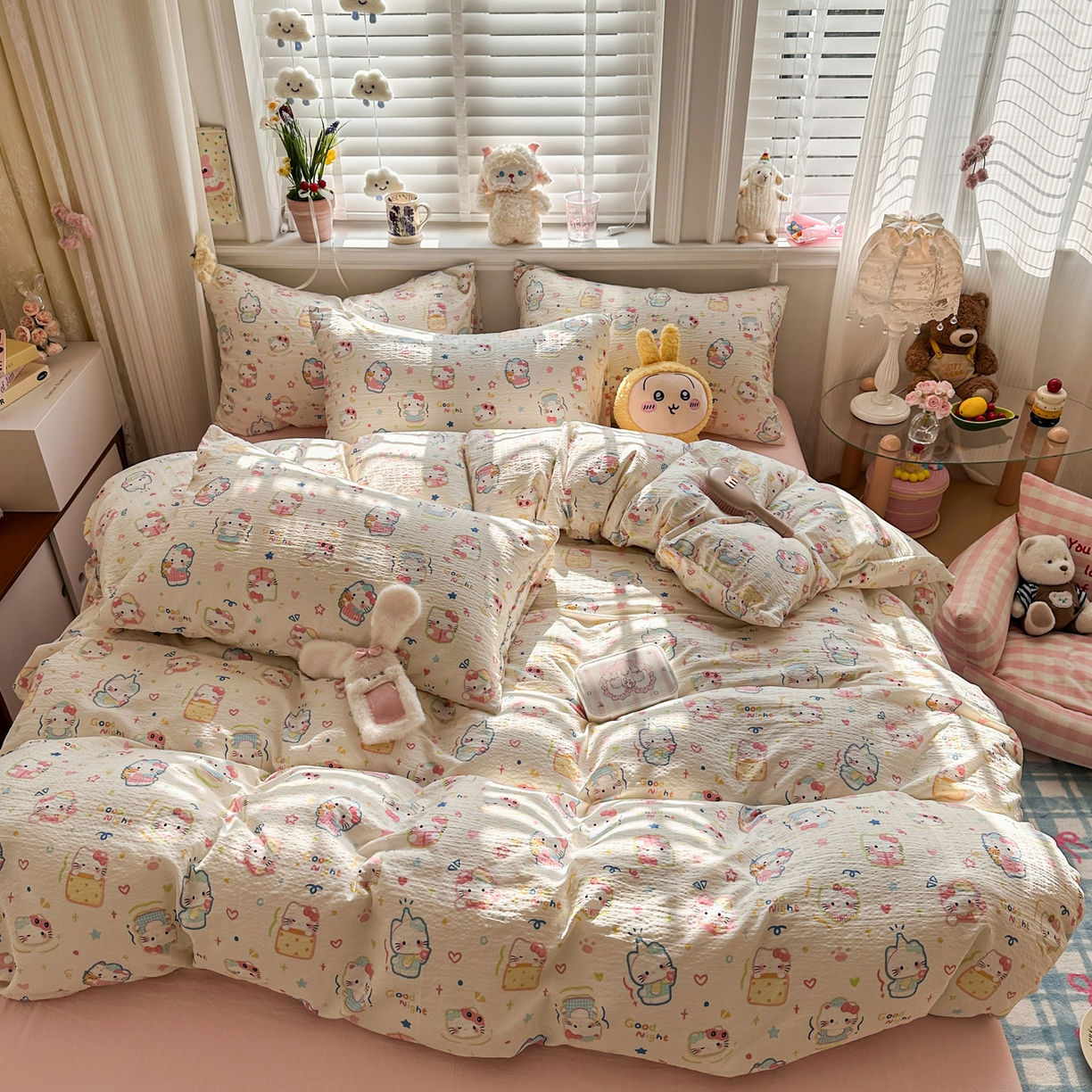 91家纺网 家纺一手货源 找家纺 卡斯诺家纺馆 2026新款皱皱棉双层纱四件套（下载文件包含买家秀） 泡芙猫咪